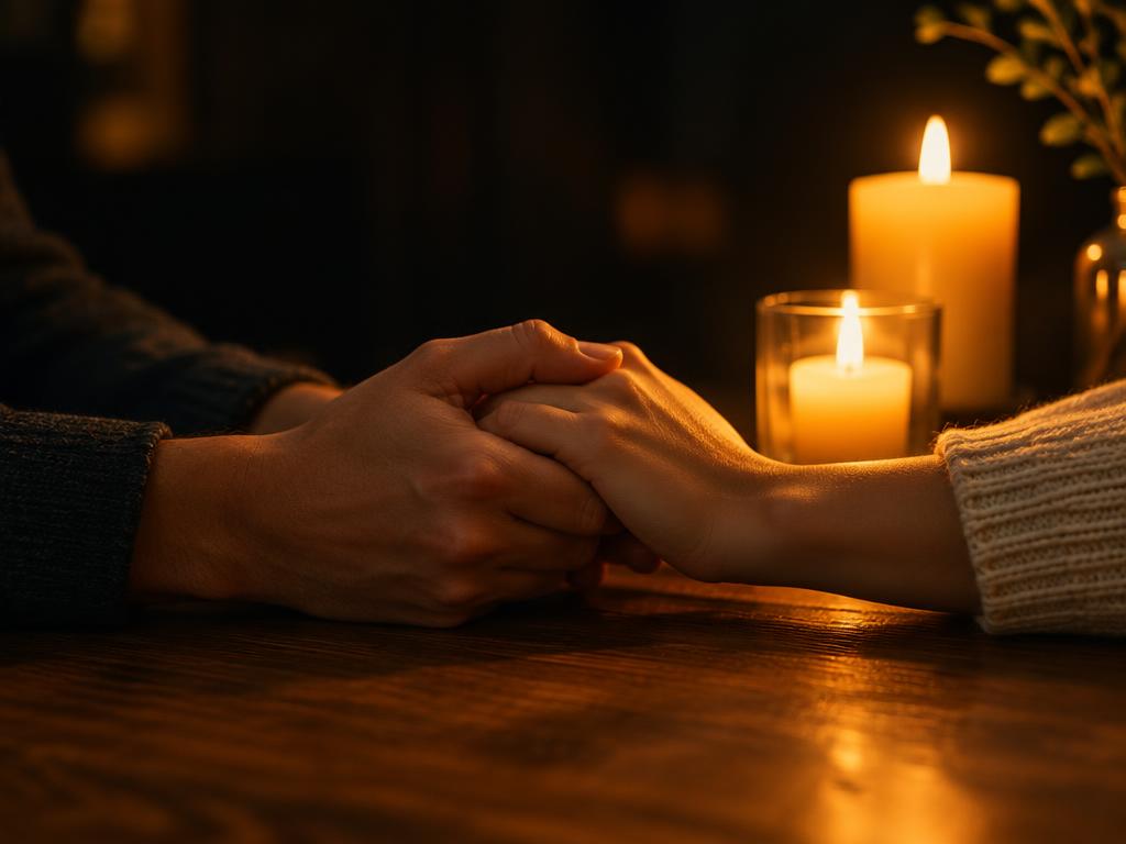 Manos unidas junto a velas